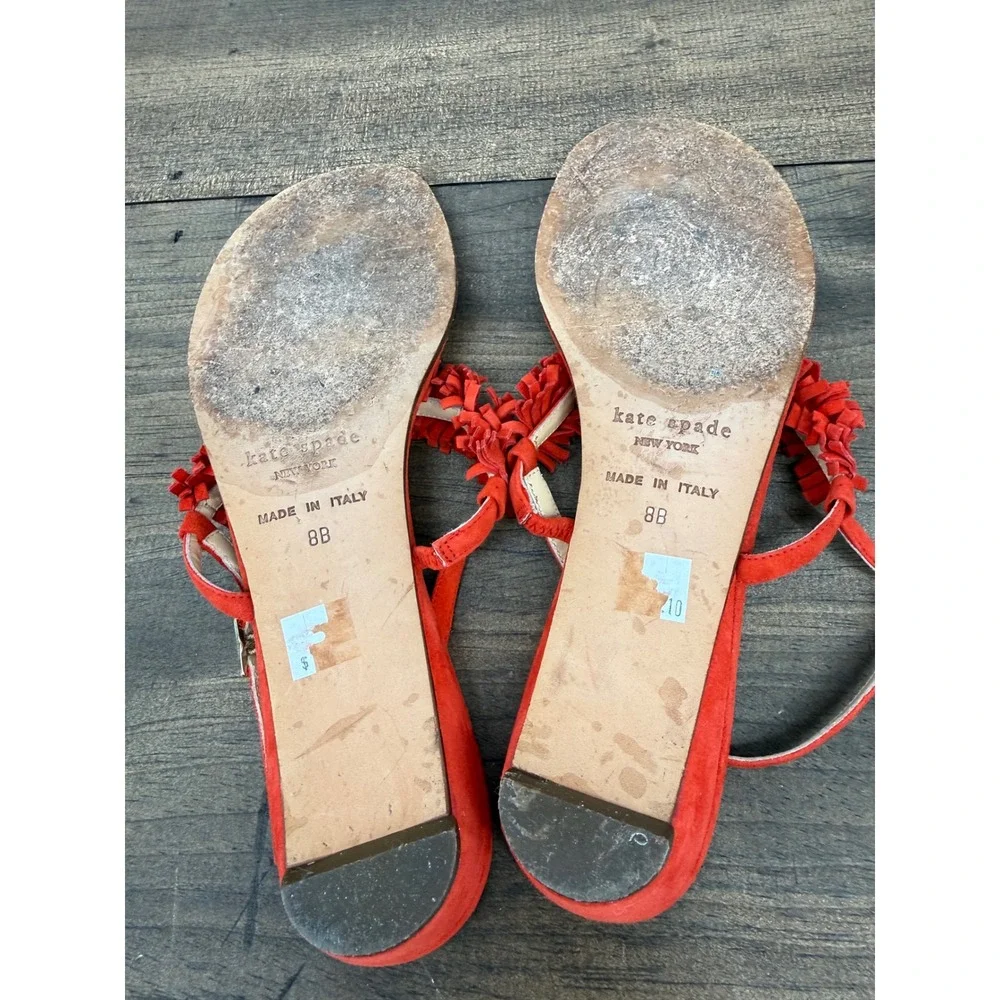 Kate Spade New York Coral Red Suede Fringe Kitten Heel‎ Sandals Women's Size 8B